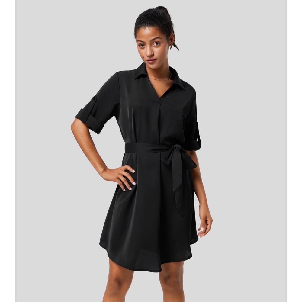 Halara Black Roll Up Sleeve Belted Relaxed Work Shirt Dress Small